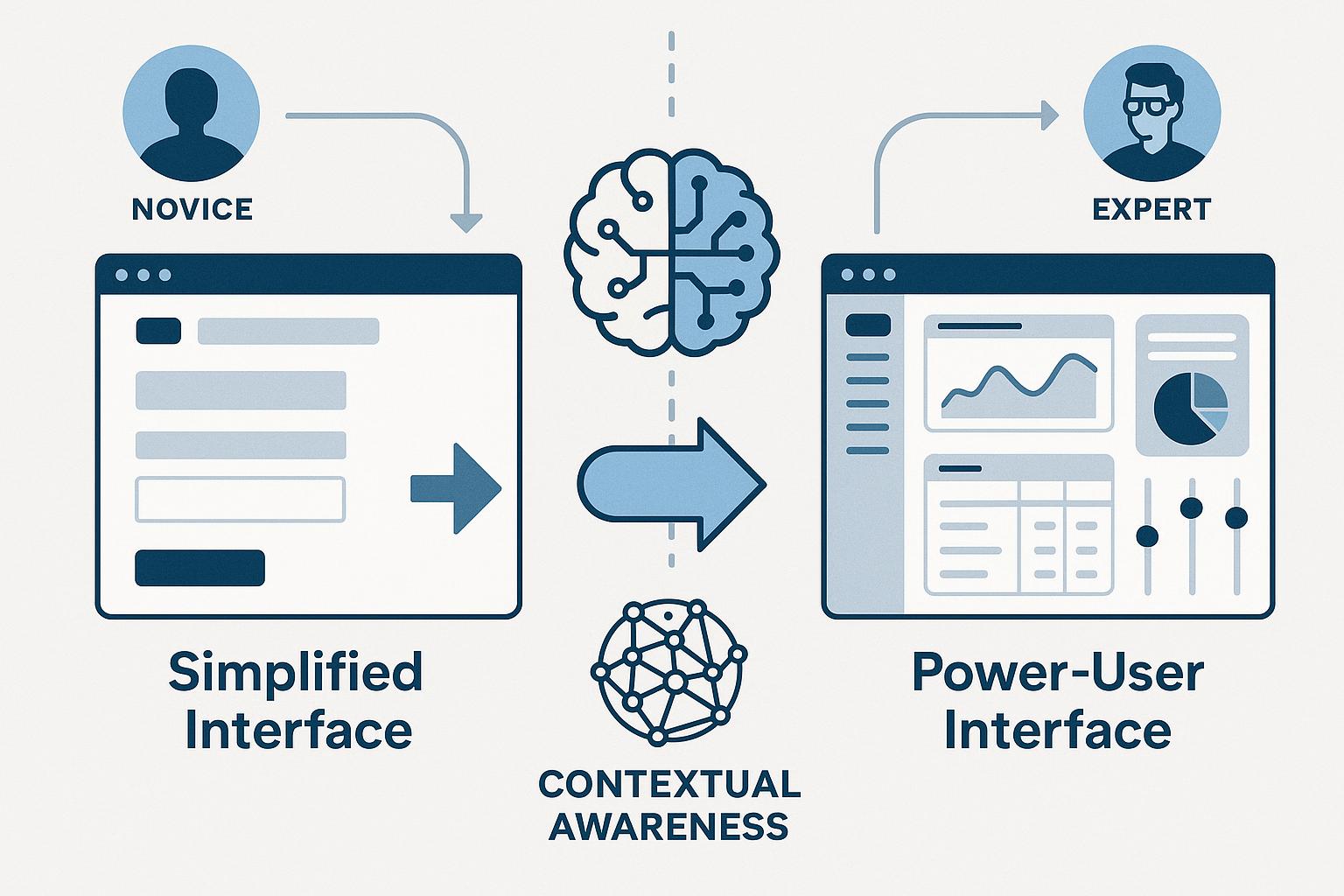 Infographic showing adaptive user interface concept with simplified novice interface on left, power-user interface with dashboards on right, and AI brain representing contextual awareness in the center