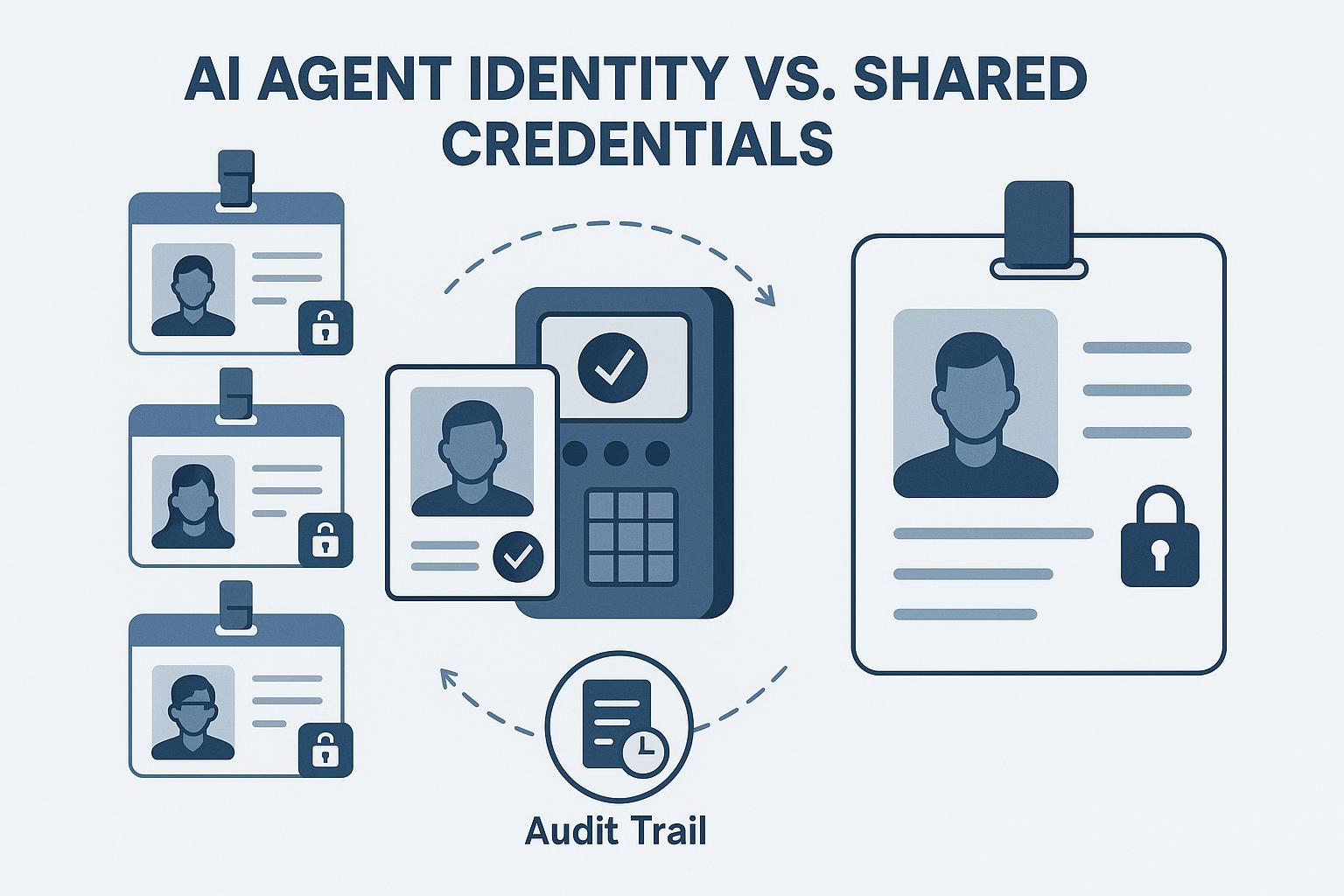 Comparison infographic showing multiple AI agents with unique identity badges and credentials versus a single shared credential, illustrating the security and accountability benefits of distinct AI agent identities