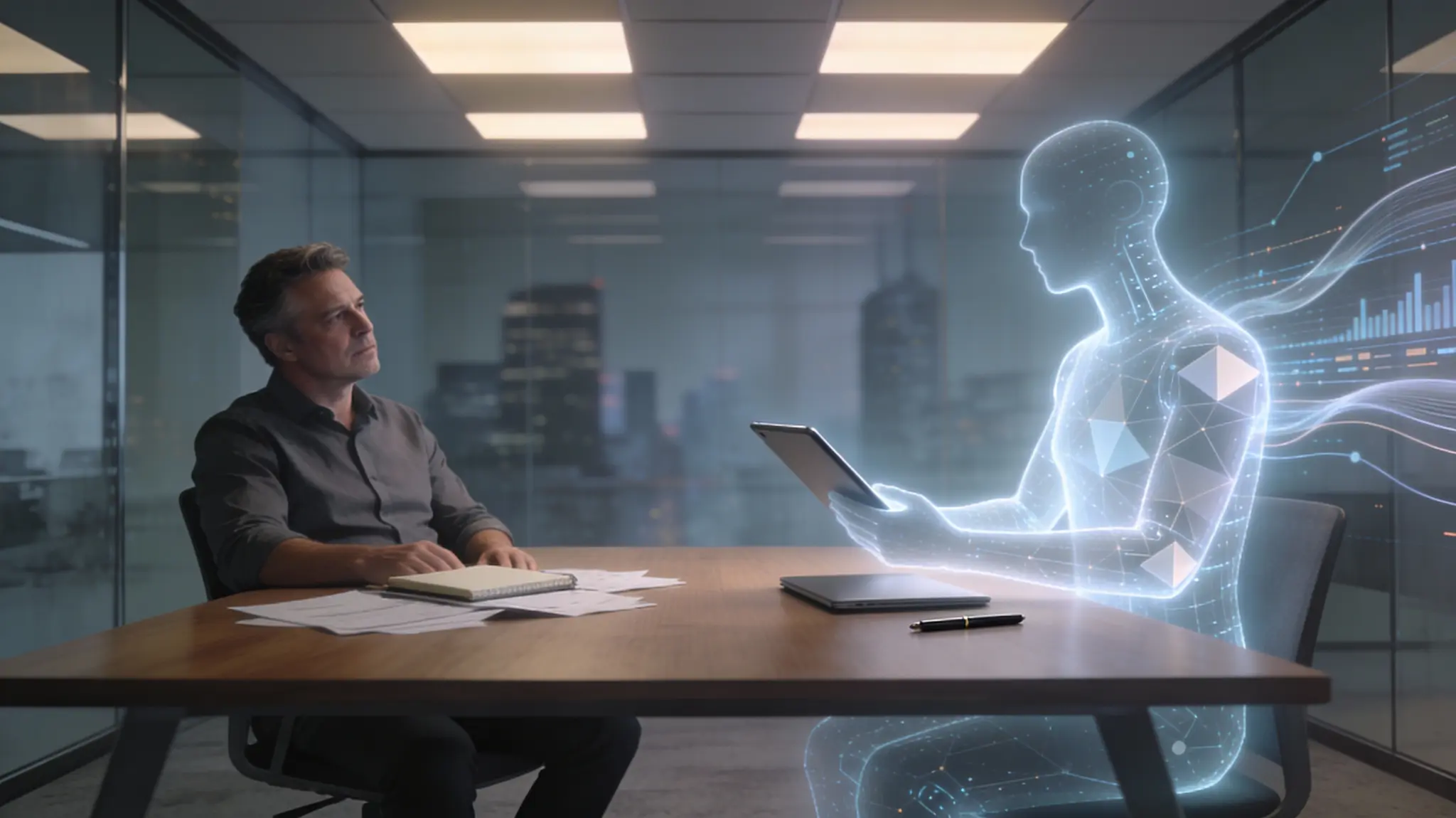 Business professional sitting across from a holographic AI assistant in a modern office, symbolizing the evolving partnership between humans and artificial intelligence