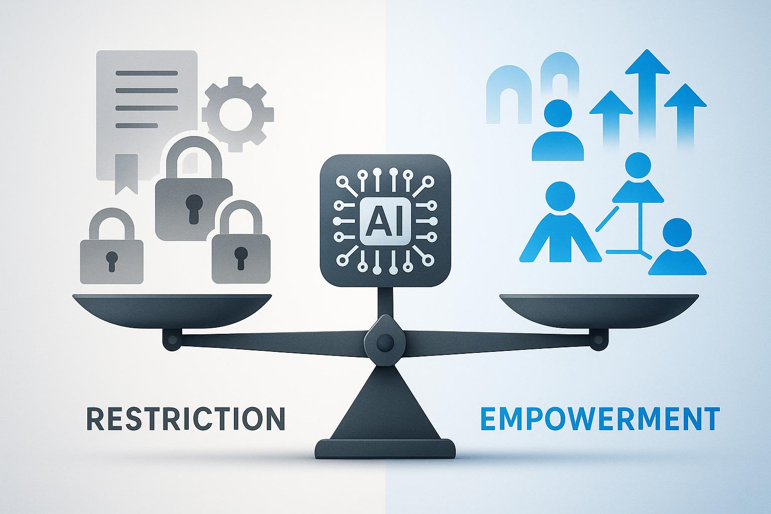 Balance scale showing AI governance framework weighing restriction versus empowerment, illustrating the strategic choice between limiting and enabling organizational AI capabilities