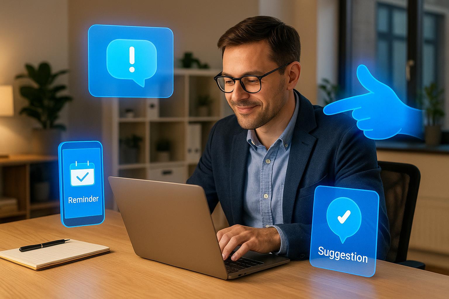 Professional receiving AI-powered behavioral nudges including reminder notifications, alert messages, and helpful suggestions, demonstrating collaborative AI assistance in the workplace